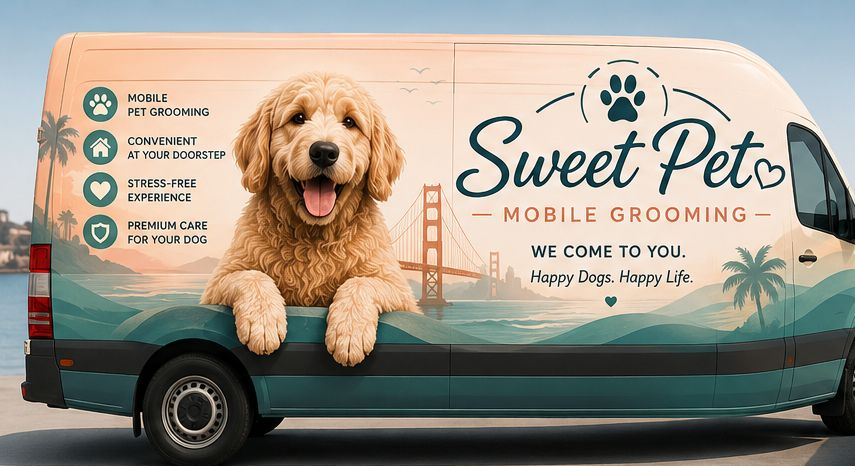 Sweet Pet mobile grooming van with a golden doodle leaning out, parked on a sunny Bay Area street