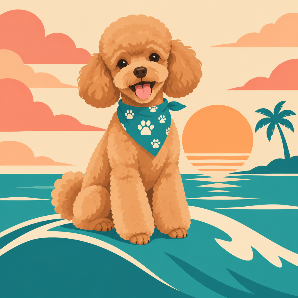 Illustration of a groomed poodle wearing a Sweet Pet bandana at sunset