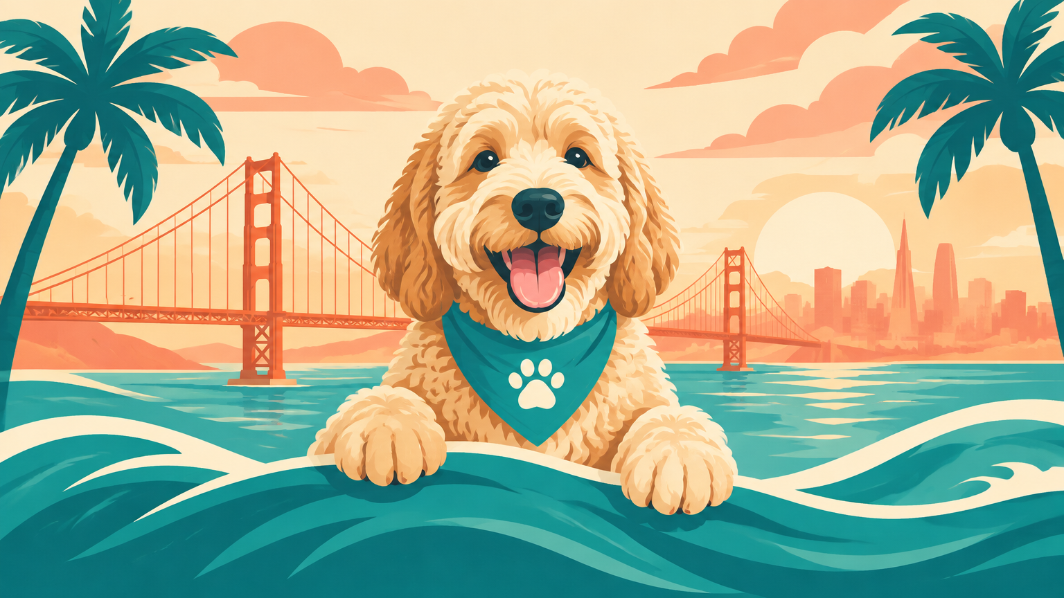 Happy golden doodle with a teal Sweet Pet bandana in front of the Golden Gate bridge at sunset